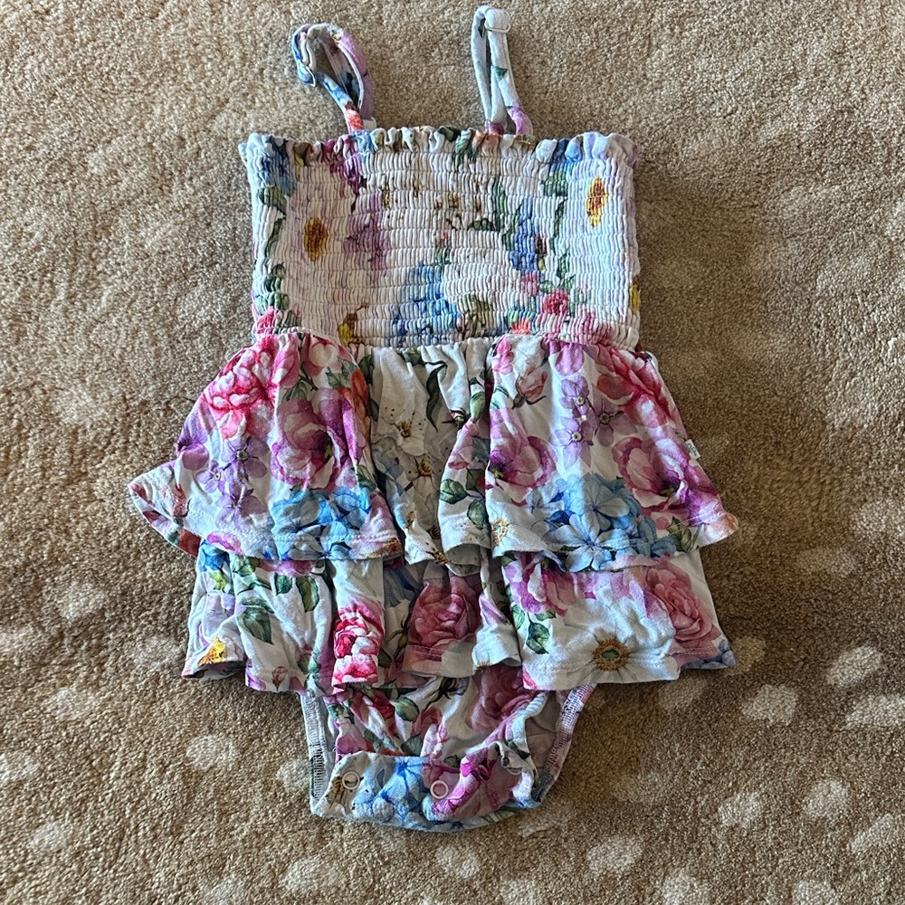 Posh Peanut Cynthia Floral Baby Romper with Ruffle Skirt